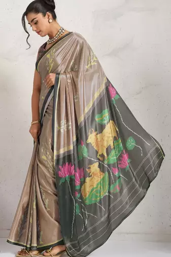 Brown printed satin fashion saree with blouse piece