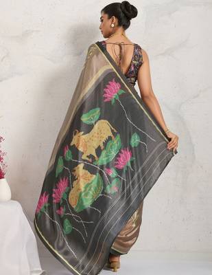 Brown printed satin fashion saree with blouse piece 3