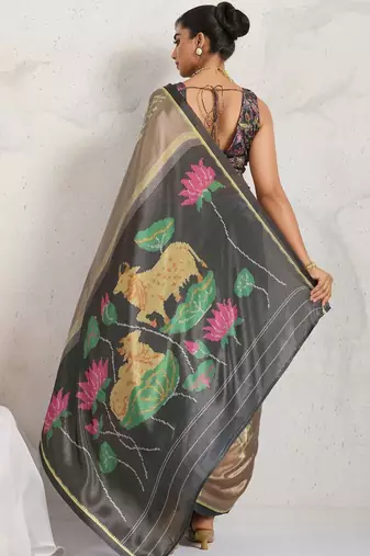 Brown printed satin fashion saree with blouse piece