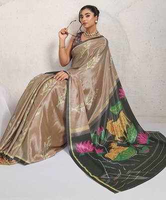 Brown printed satin fashion saree with blouse piece 4