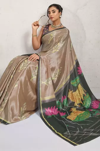 Brown printed satin fashion saree with blouse piece