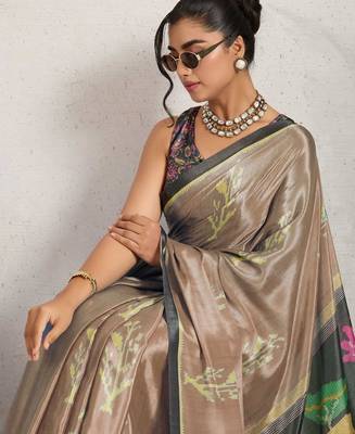 Brown printed satin fashion saree with blouse piece 5