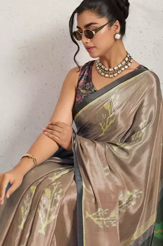 Brown printed satin fashion saree with blouse piece