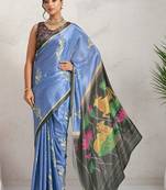 Blue printed satin fashion saree with blouse piece