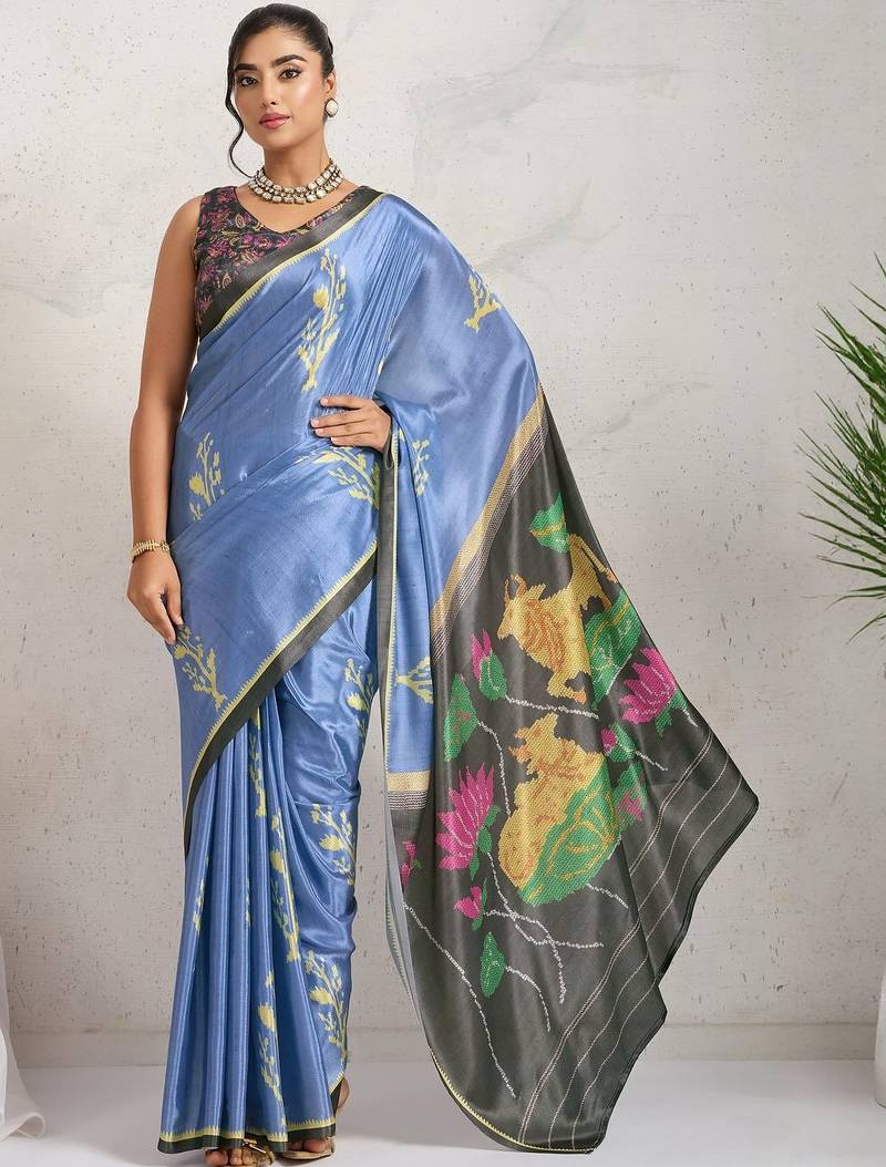 Blue printed satin fashion saree with blouse piece