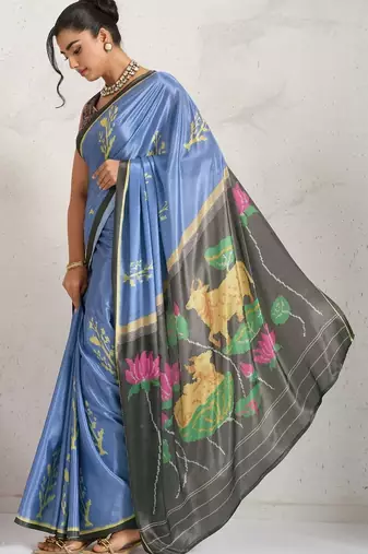 Blue printed satin fashion saree with blouse piece