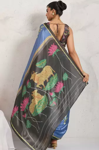 Blue printed satin fashion saree with blouse piece