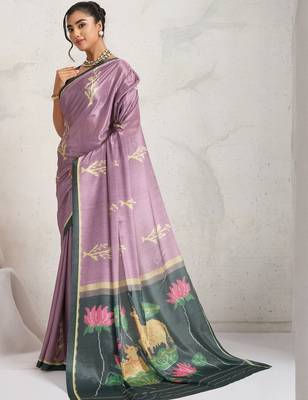 Purple printed satin fashion saree with blouse piece 3