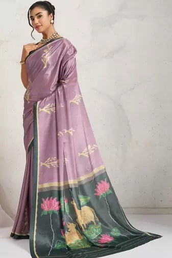 Purple printed satin fashion saree with blouse piece