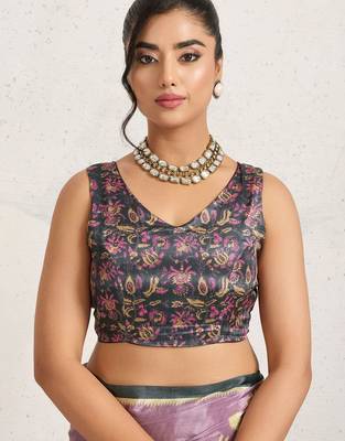 Purple printed satin fashion saree with blouse piece 5