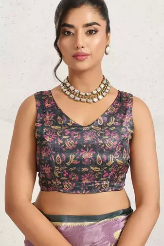 Purple printed satin fashion saree with blouse piece
