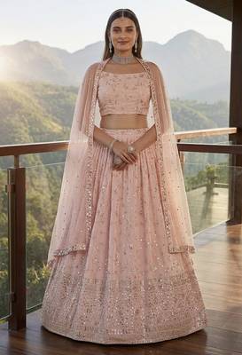 Baby Pink Sequins Embroidered Lehenga Choli with Net Dupatta 1