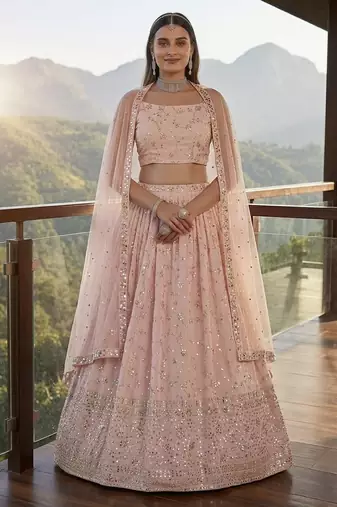 Baby Pink Sequins Embroidered Lehenga Choli with Net Dupatta