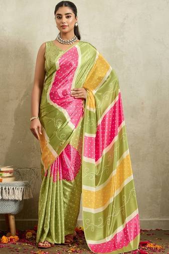 Green printed satin fashion saree with blouse piece