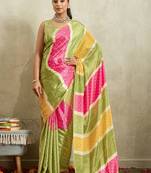 Green printed satin fashion saree with blouse piece