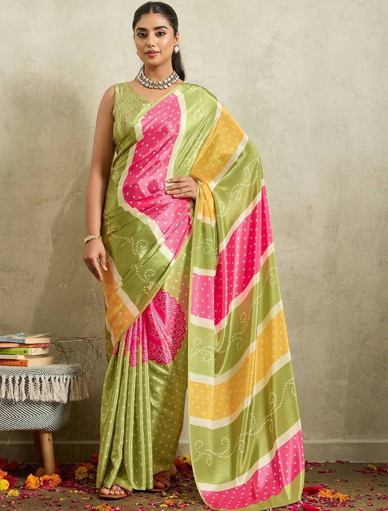 Green printed satin fashion saree with blouse piece