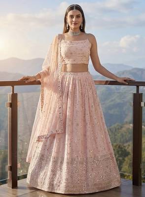 Baby Pink Sequins Embroidered Lehenga Choli with Net Dupatta 2