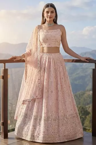 Baby Pink Sequins Embroidered Lehenga Choli with Net Dupatta