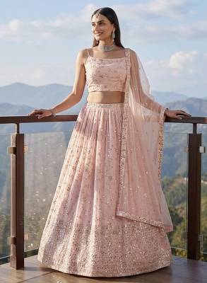 Baby Pink Sequins Embroidered Lehenga Choli with Net Dupatta 4