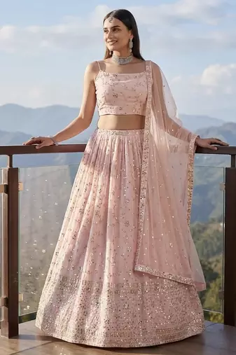 Baby Pink Sequins Embroidered Lehenga Choli with Net Dupatta