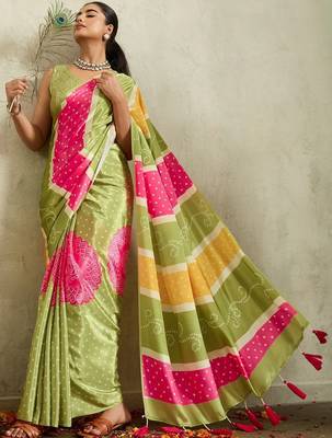 Green printed satin fashion saree with blouse piece 2