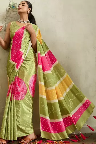 Green printed satin fashion saree with blouse piece