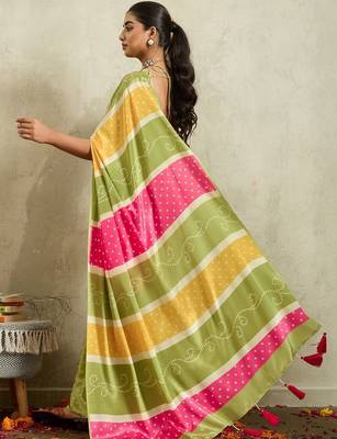 Green printed satin fashion saree with blouse piece 3