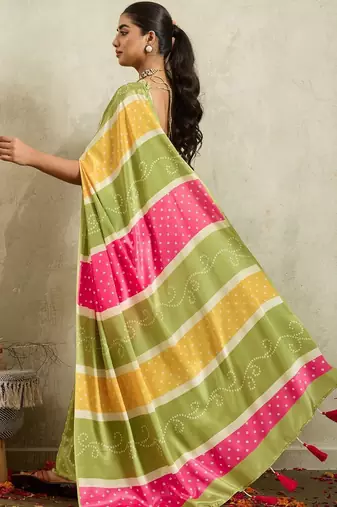 Green printed satin fashion saree with blouse piece