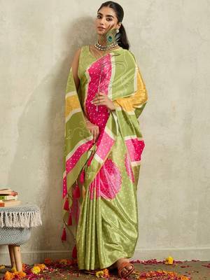 Green printed satin fashion saree with blouse piece 4