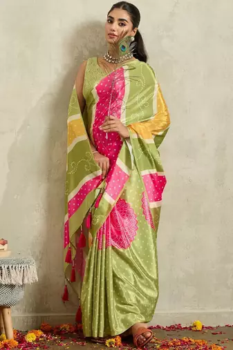 Green printed satin fashion saree with blouse piece