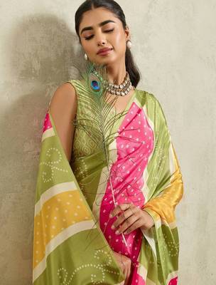 Green printed satin fashion saree with blouse piece 5