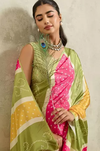 Green printed satin fashion saree with blouse piece