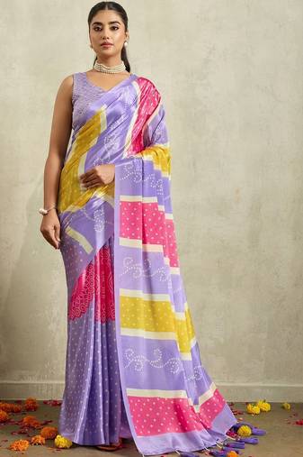 Purple printed satin fashion saree with blouse piece