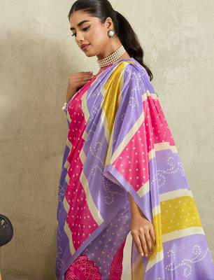 Purple printed satin fashion saree with blouse piece 2