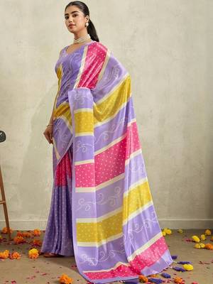 Purple printed satin fashion saree with blouse piece 3