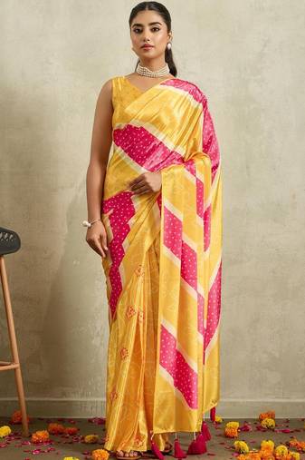 Yellow printed satin fashion saree with blouse piece