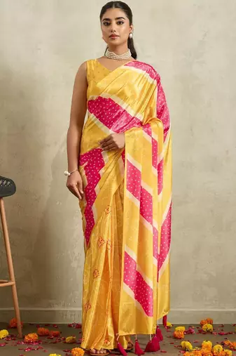 Yellow printed satin fashion saree with blouse piece