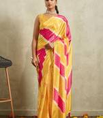 Yellow printed satin fashion saree with blouse piece