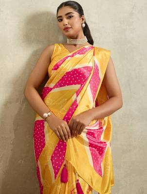 Yellow printed satin fashion saree with blouse piece 2