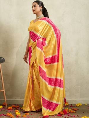 Yellow printed satin fashion saree with blouse piece 3