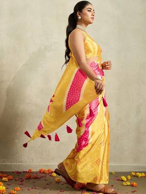 Yellow printed satin fashion saree with blouse piece 4