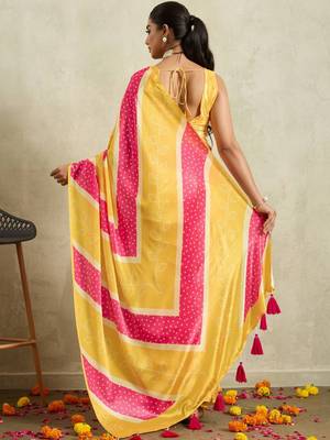 Yellow printed satin fashion saree with blouse piece 5