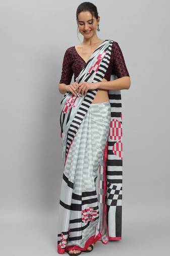 White printed satin fashion saree with blouse piece