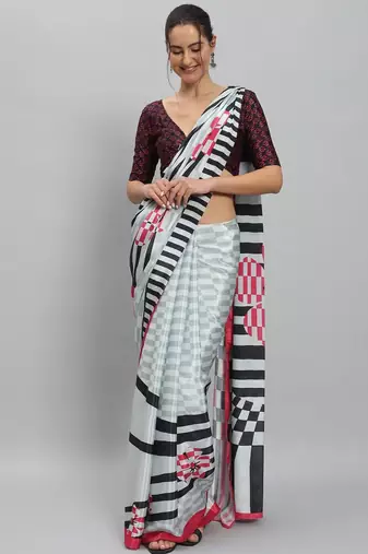 White printed satin fashion saree with blouse piece