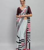 White printed satin fashion saree with blouse piece