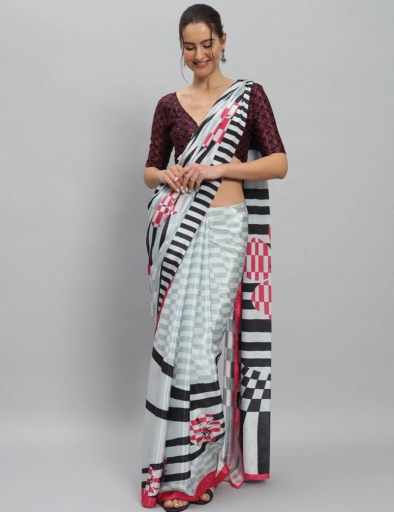 White printed satin fashion saree with blouse piece