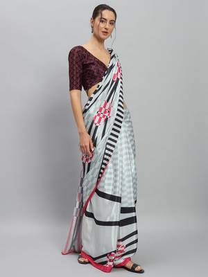 White printed satin fashion saree with blouse piece 2