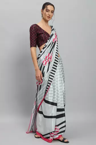 White printed satin fashion saree with blouse piece