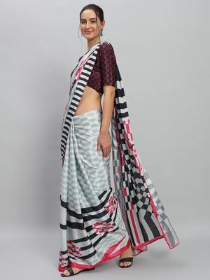 White printed satin fashion saree with blouse piece 3
