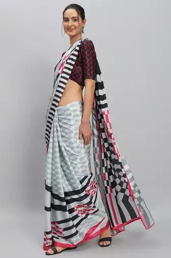White printed satin fashion saree with blouse piece